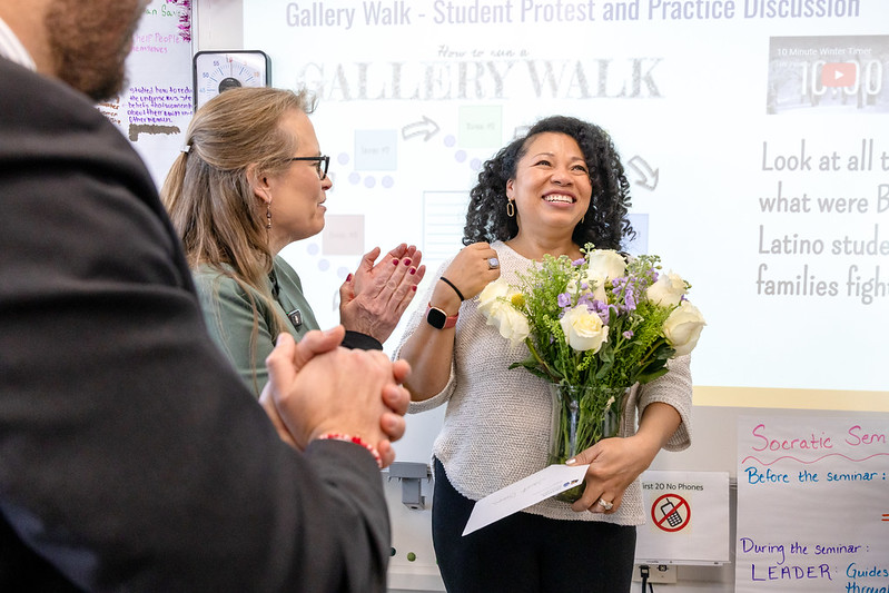 Colorado Teacher of the Year Janet Damon in a celebration over being named a finalist for the National Teacher of the Year.