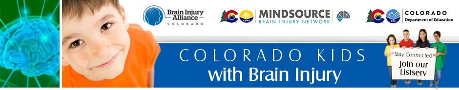 Colorado Kids with Brain Injury - A banner with young kids in primary colors and a colorful brain.