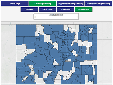 Decorative. Literacy curriculum transparency statewide map showing core programming. Contact CDE if an alternate or additional version is needed: http://www.cde.state.co.us/contact_cde