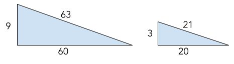 Two similar triangles with dimensions that are three times larger than the triangle to the left. 