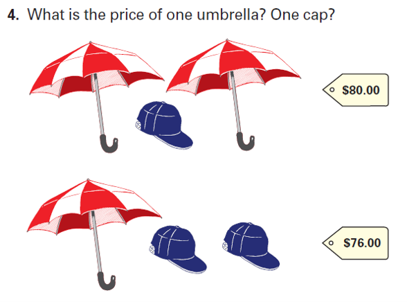 Graphic showing that two umbrellas and one cap is $80, while one umbrella and two caps is $76