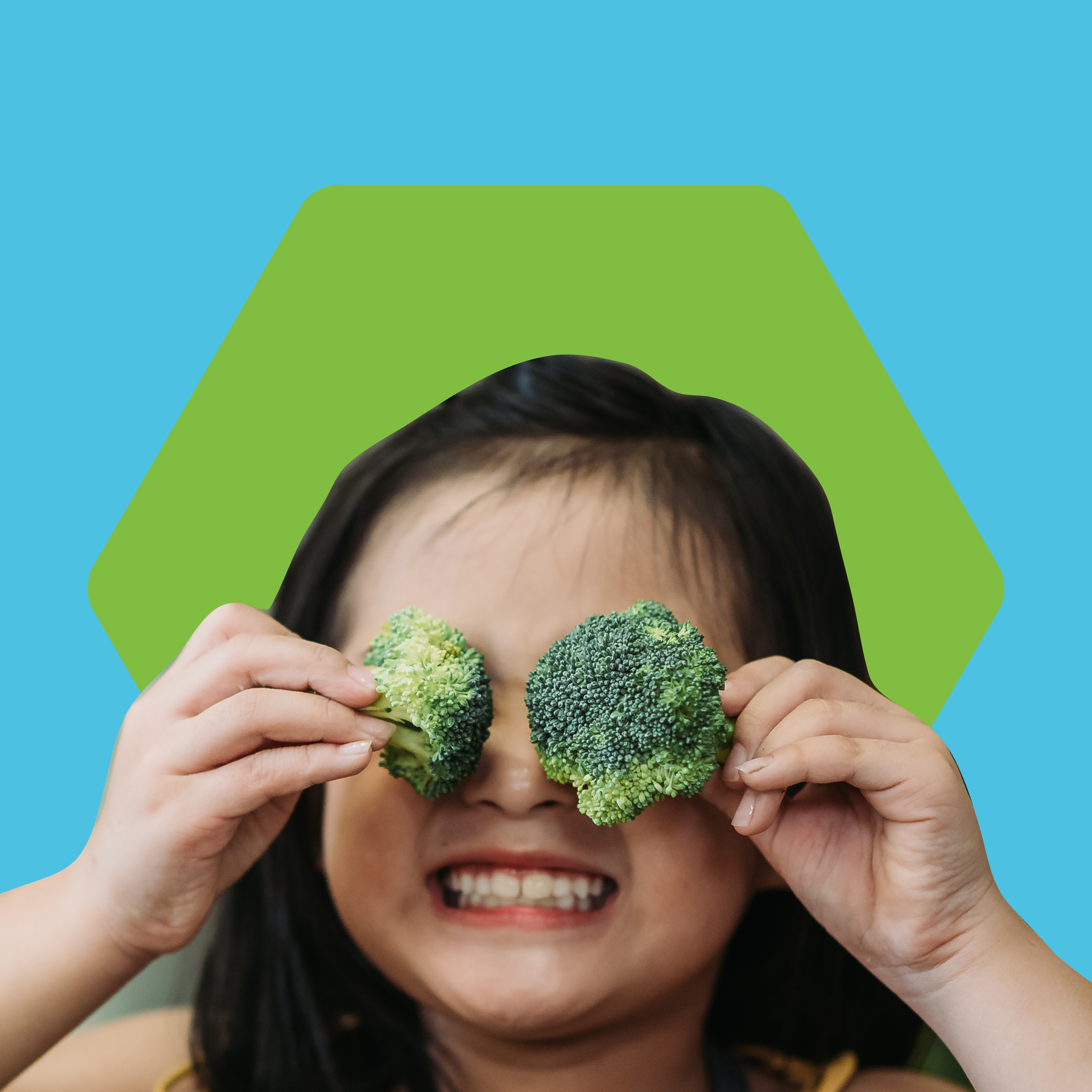 Healthy School Meals for All social media image of child with broccoli