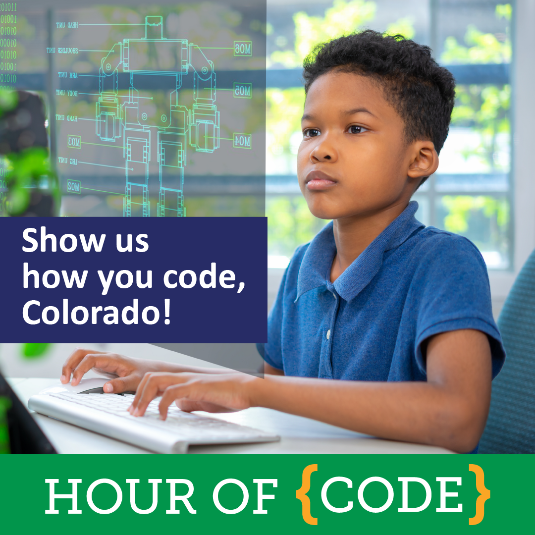 a male student works at a desktop computer. text reads: Show us how you code, Colorado! Hour of {Code}