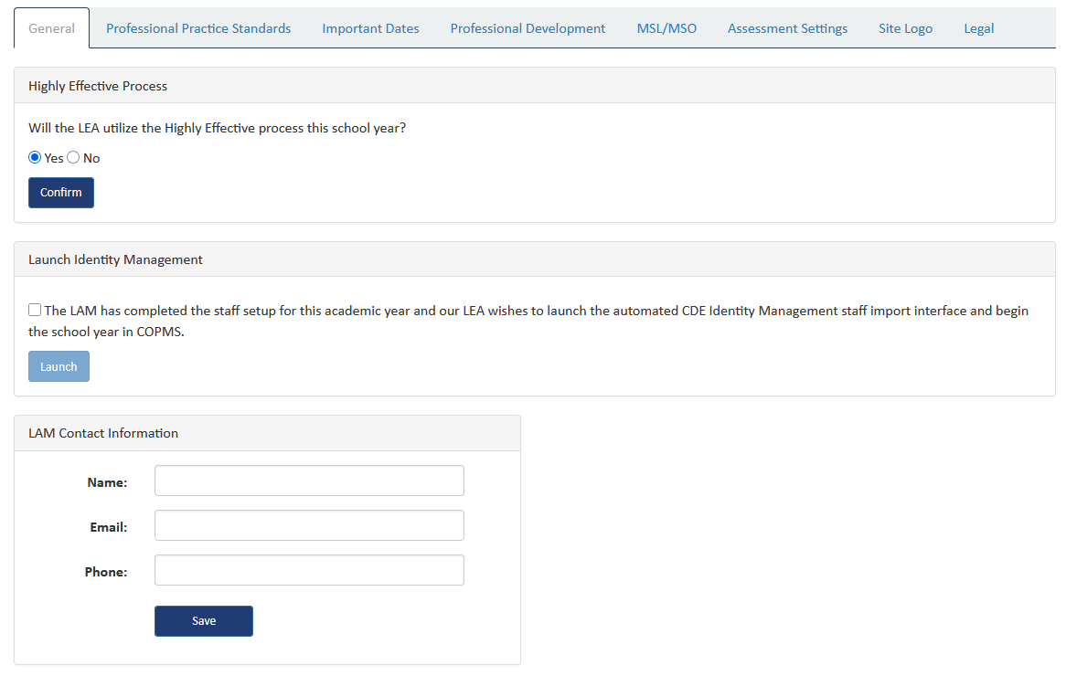 Screenshot of the General Tab from the LEA Settings in COPMS