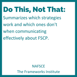 A square icon with a dark teal border and the words Do This, Not That: Summaries which strategies work and which ones don't when communicating effectively about FSCP.