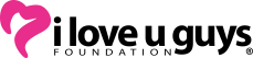 I love you guys foundation logo: black text with a pink heart
