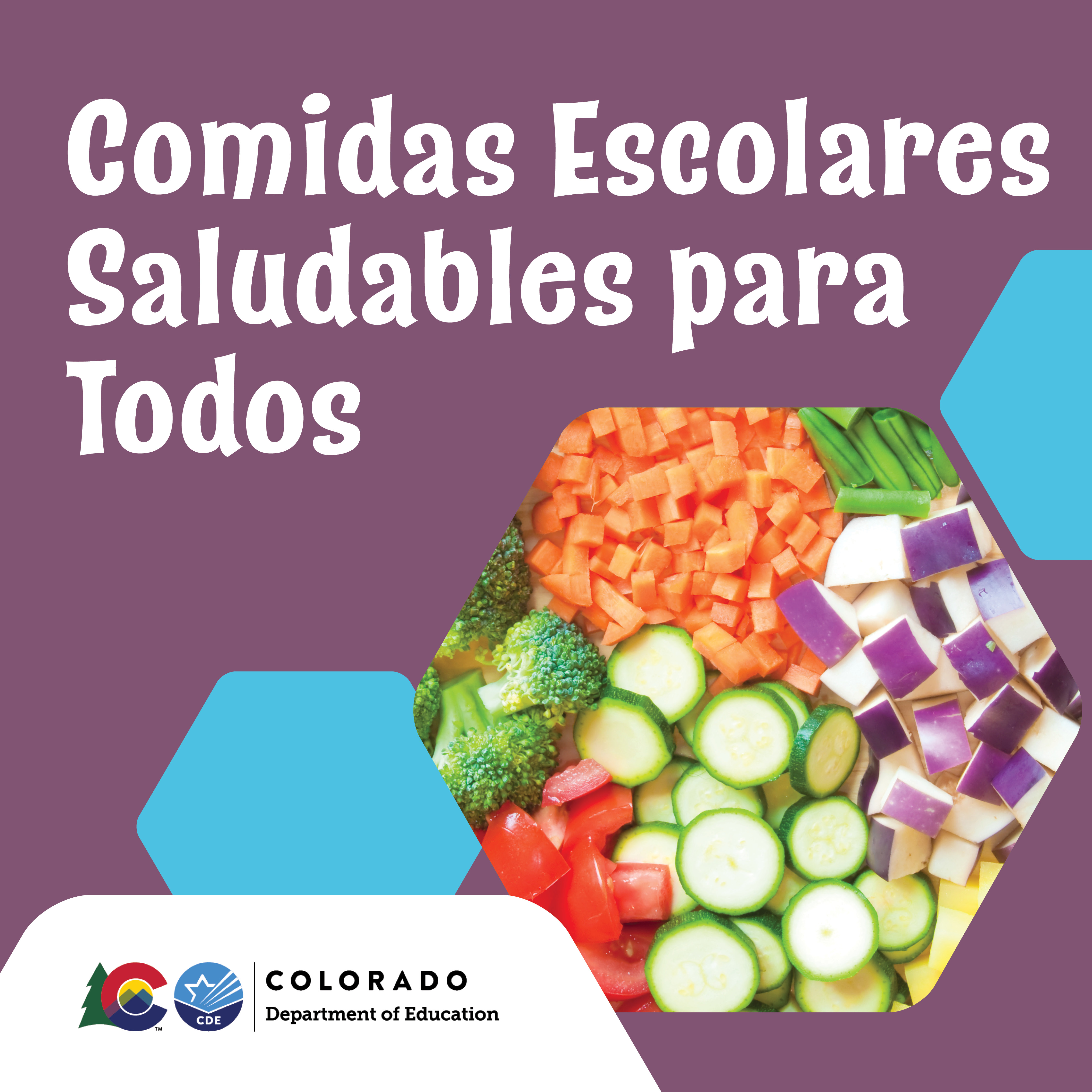  Healthy School Meals Colorado Department of Education social media image with text and veggies in Spanish
