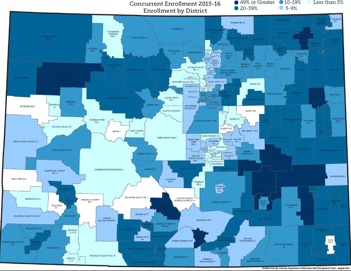 map of concurrent enrollment participation by district for 2015-16